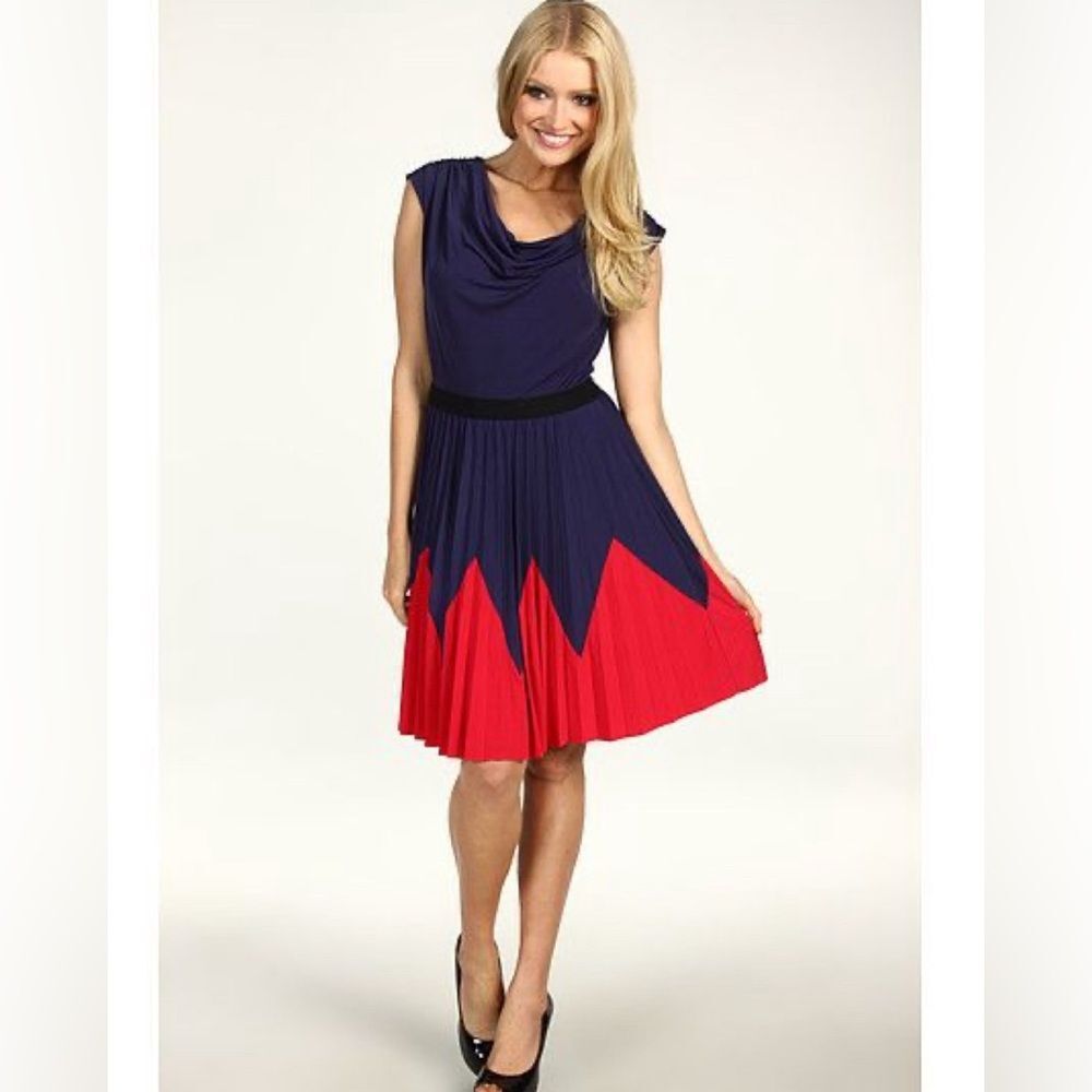 Max & Cleo navy and red cowl neck color block pleated dress size medium
